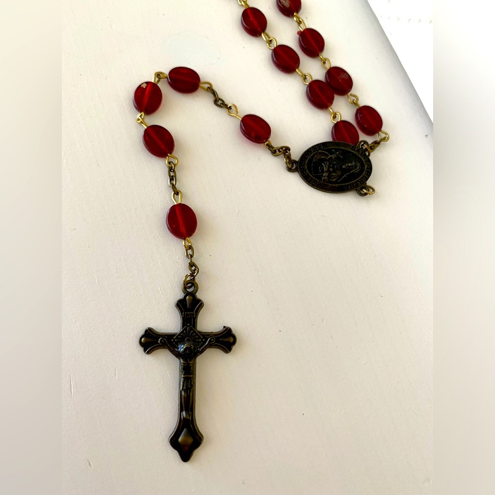Red Bead Rosary Necklace with Bronze Cross